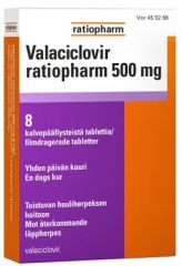 VALACICLOVIR RATIOPHARM 500 mg tabl, kalvopääll 8 fol
